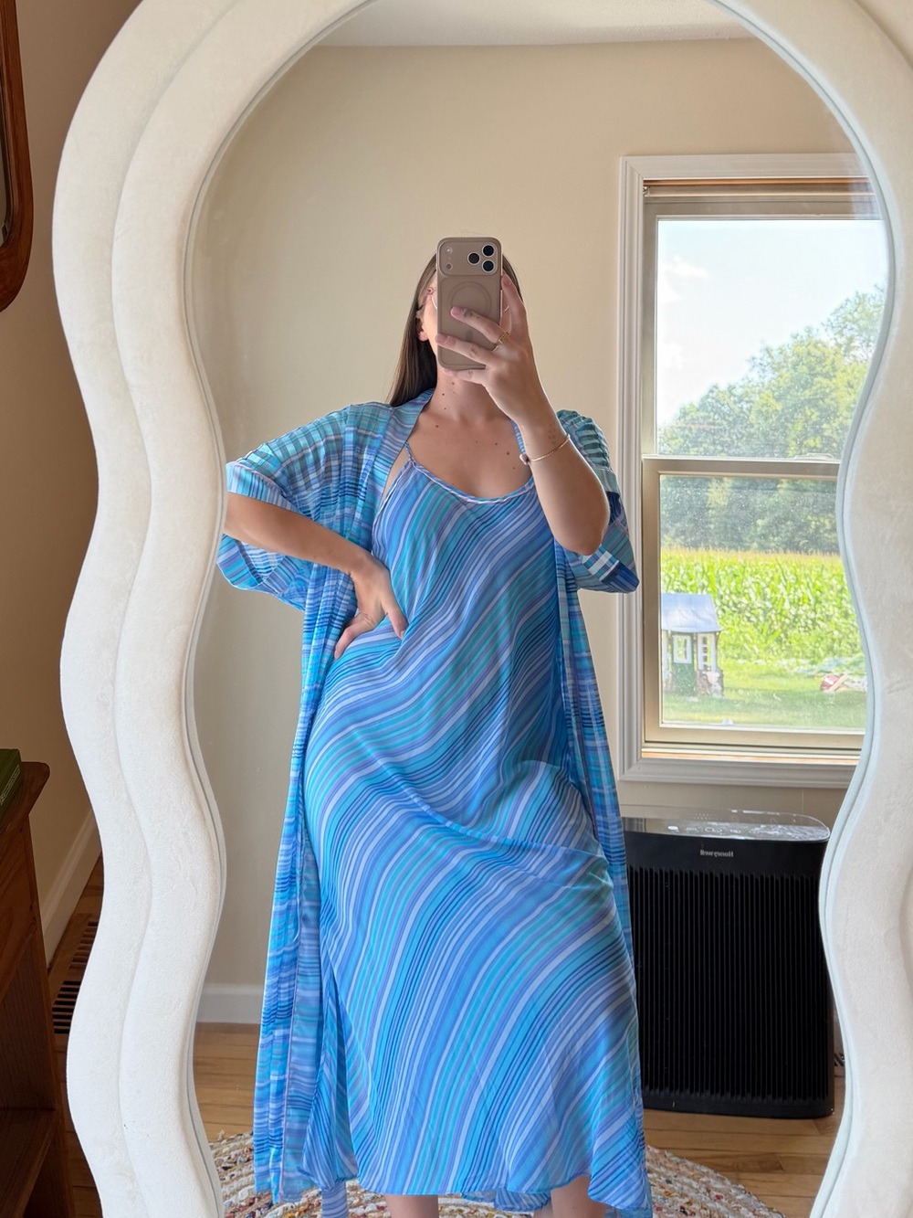 Blue Striped Slip Dress with Matching Blue Cover-Up - Women